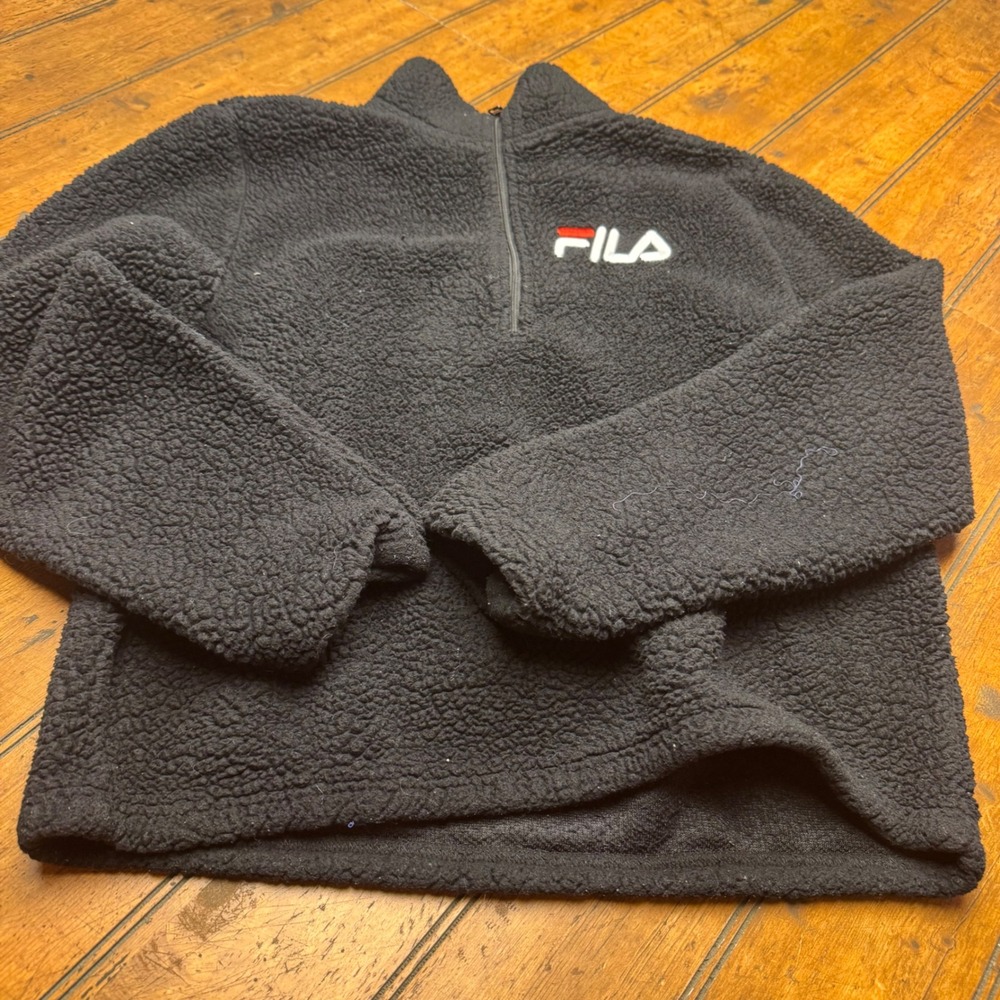 Fila Mens Sherpa Fleece Quarter Zip Pullover Black Big‎ Logo Small